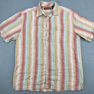 Cubavera Mens M Linen Short Sleeve Button Down Shirt Multi Color Striped Casual